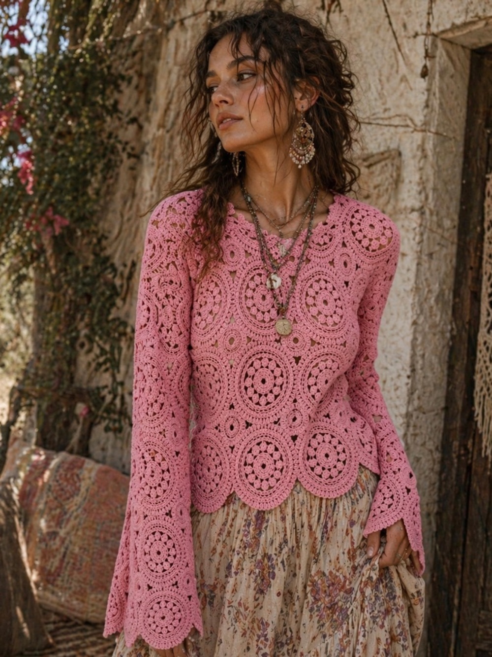 Ultra Pink Crochet Cotton Circle Motif Long-Sleeve Top - Pink Granny L
